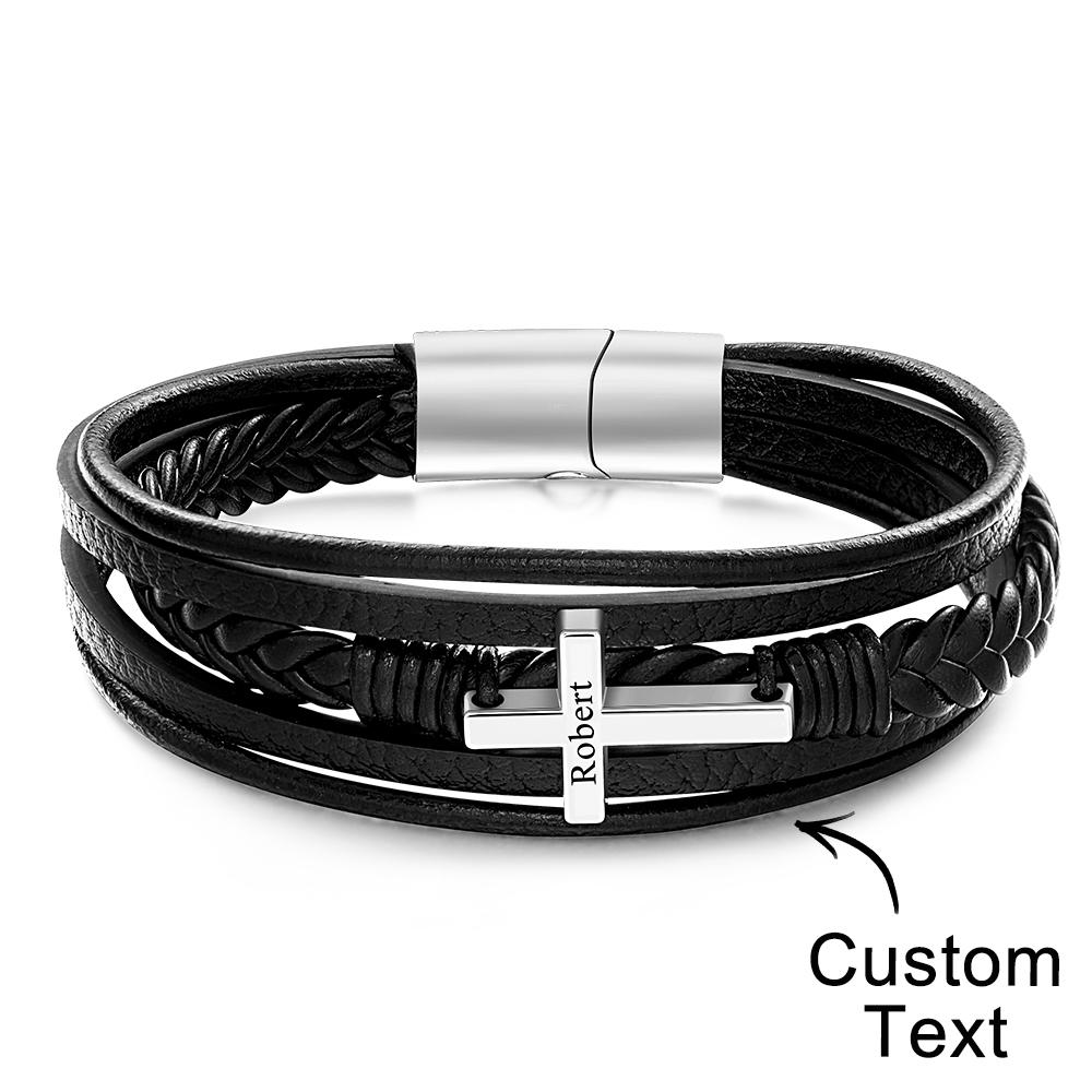 Classic Style Cross Men Bracelet Multi Layer Stainless Steel Leather Bangles for Friend Fashion Jewelry Gifts - soufeelau