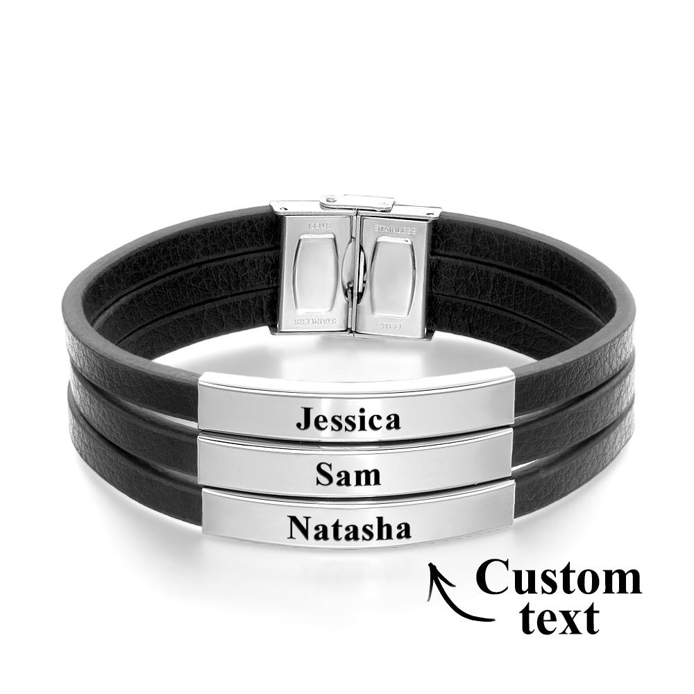 Personalized Father's Day Gift Custom 3 Names Bracelet Stainless Steel Leather Men Bracelet - soufeelau