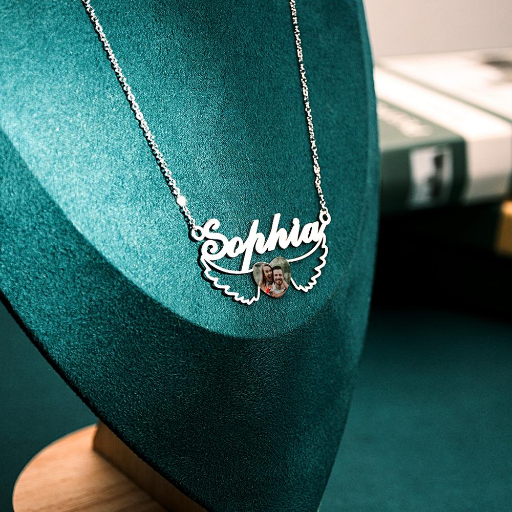 Custom Photo Name Necklace Heart Wings Couple Gifts - soufeelau