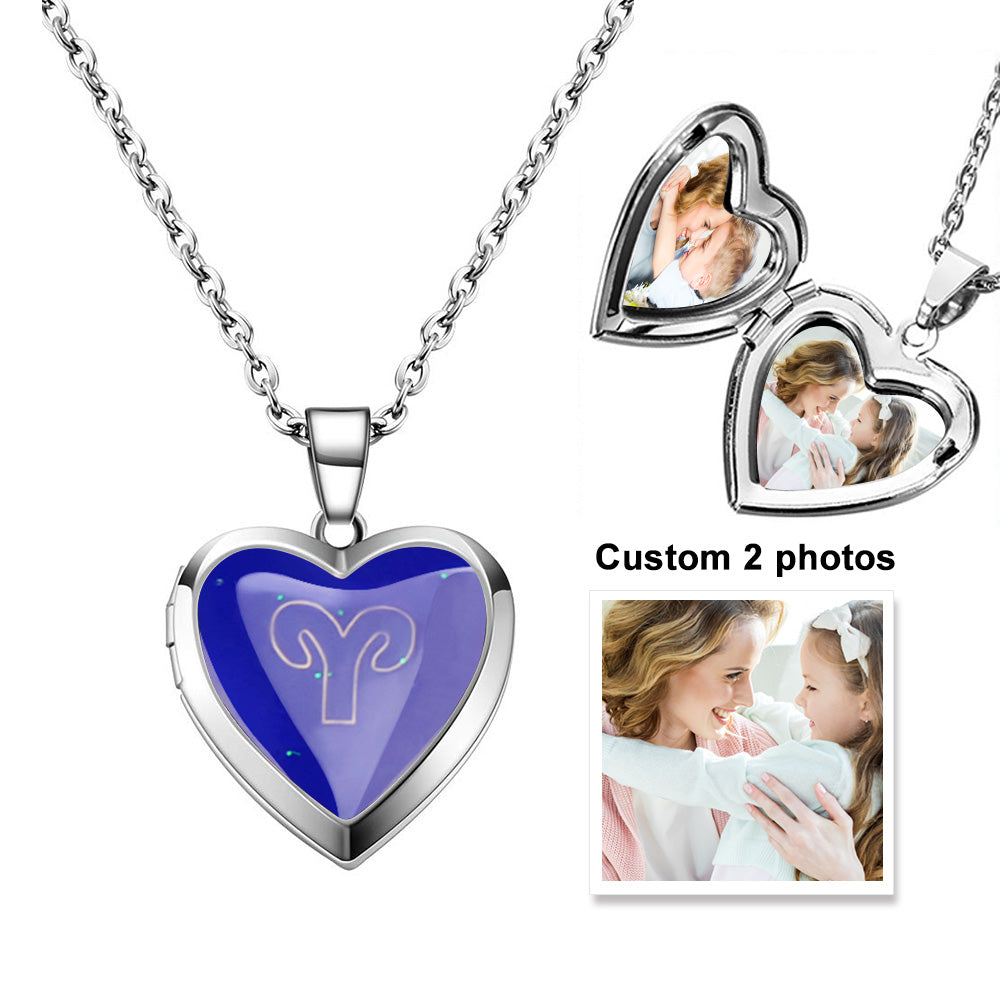 Custom Photo Heart Locket Necklace Twelve Constellations Temperature Sensing Color Changing Pendant Necklace - soufeelau