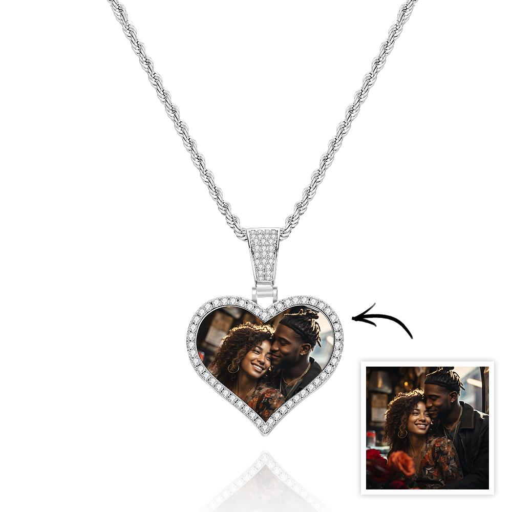 Custom Made Photo Heart Necklace with Hip Hop Pendant Round Necklace Iced out Cubic Zirconia Jewelry Gift for Him or Her - soufeelau