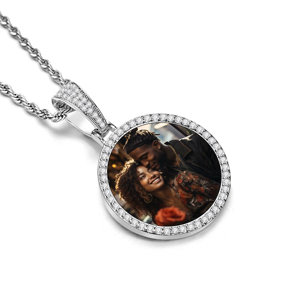 Custom Made Photo Circle Necklace and Pendant Large Hip Hop Round Pendant Iced out Cubic Zirconia Jewelry Gift for Him - soufeelau