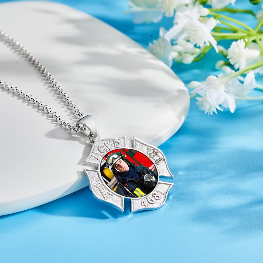 Custom Photo Engraved Fire Fighter Badge Photo Pendant Picture Charm with Name and Number - soufeelau
