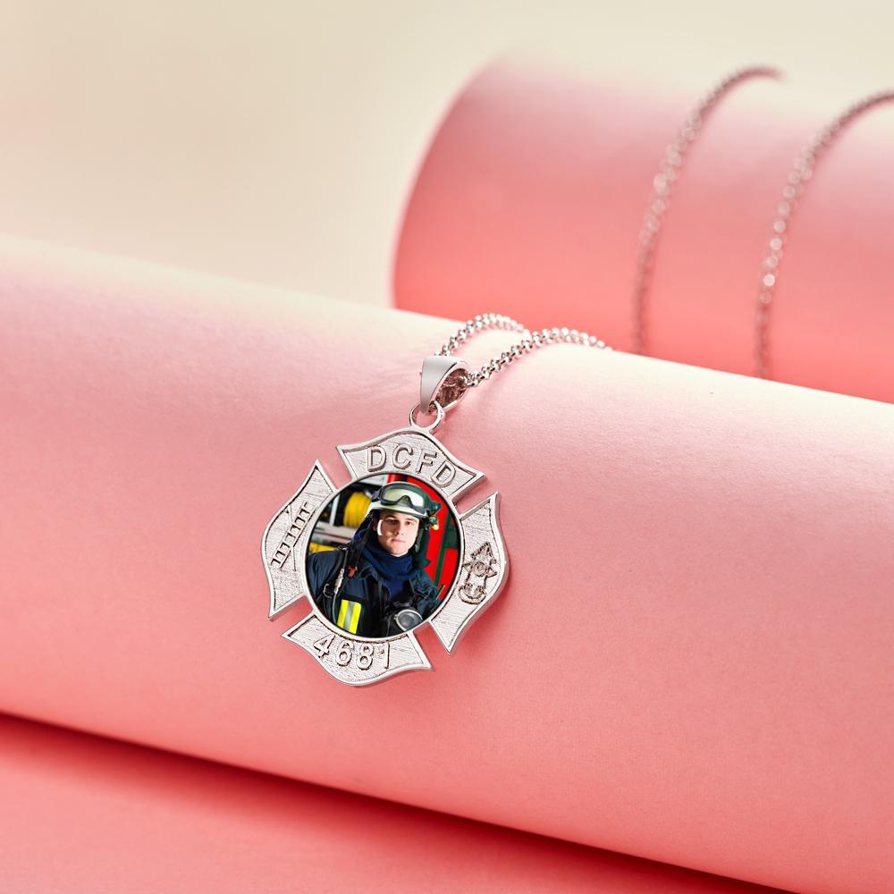 Custom Photo Engraved Fire Fighter Badge Photo Pendant Picture Charm with Name and Number - soufeelau