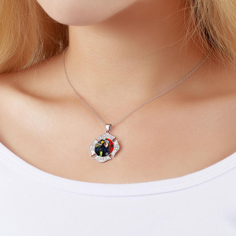 Custom Photo Engraved Fire Fighter Badge Photo Pendant Picture Charm with Name and Number - soufeelau