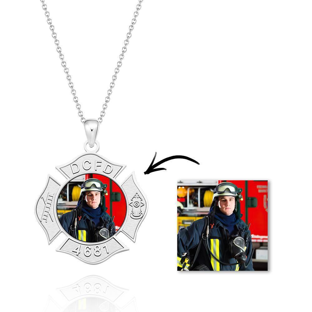 Custom Photo Engraved Fire Fighter Badge Photo Pendant Picture Charm with Name and Number - soufeelau