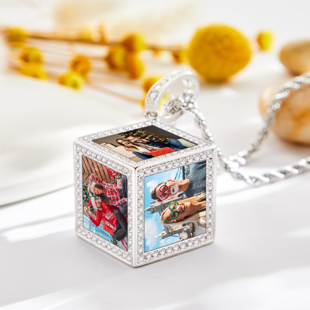Custom Photo Necklace Cube Rhinestone Memorial Gifts - soufeelau