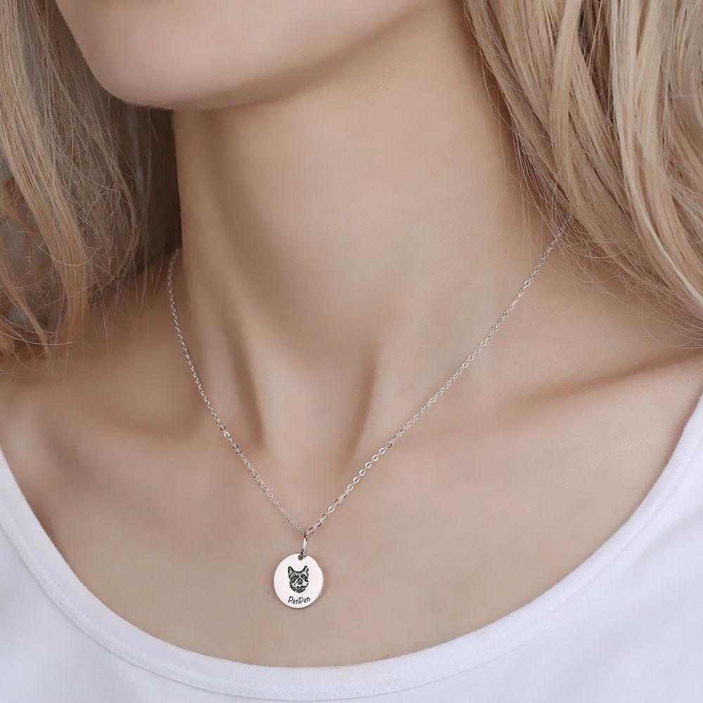 Photo Portrait Necklace with Engraving Round Shape, Custom Portrait Jewelry Platinum Plated - Silver