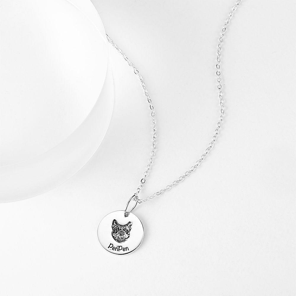 Photo Portrait Necklace with Engraving Round Shape, Custom Portrait Jewelry Platinum Plated - Silver