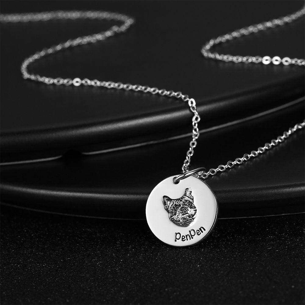 Photo Portrait Necklace with Engraving Round Shape, Custom Portrait Jewelry Platinum Plated - Silver