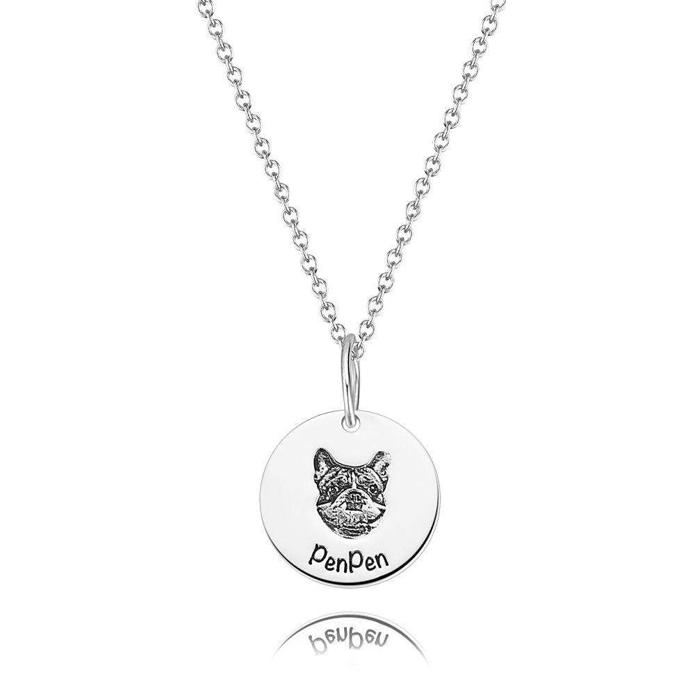 Photo Portrait Necklace with Engraving Round Shape, Custom Portrait Jewelry Platinum Plated - Silver