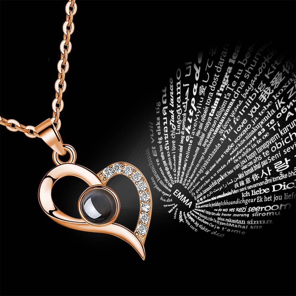 I Love You Necklace in 100 Languages Projection Engraved Necklace Love Your Heart Silver - Rose Gold Plated