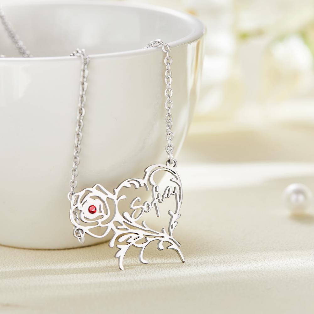 Custom Name Birthstone Necklace Rose Heart Shape Exquisite Gifts - soufeelau