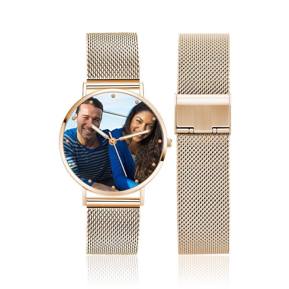 Engraved Photo Watch with Luminous Pointer Rose Gold Alloy Bracelet Photo Watch 40mm - Unisex