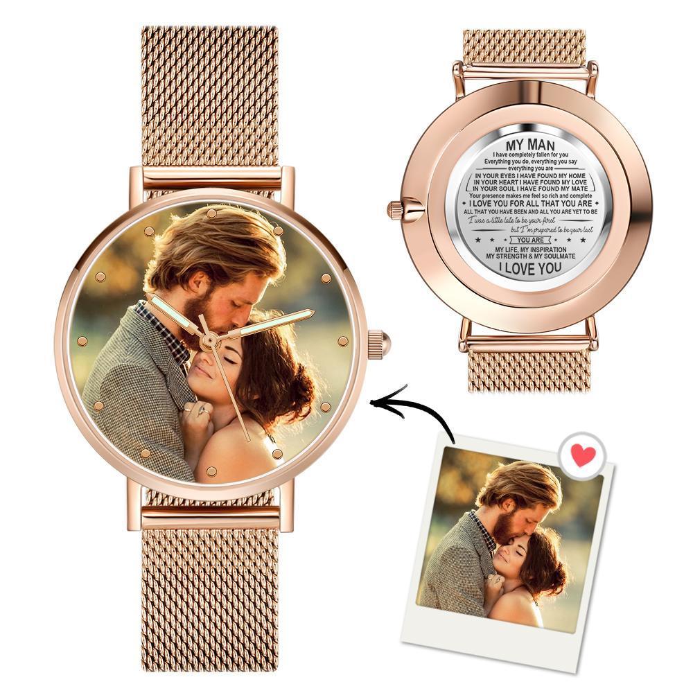 Engraved Photo Watch with Luminous Pointer Rose Gold Alloy Bracelet Photo Watch To My Man I Love You 40mm