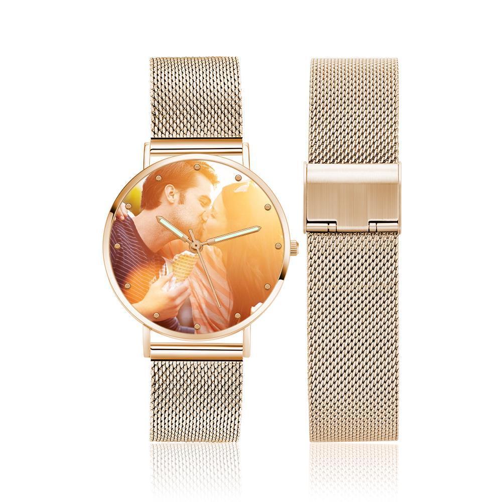 Engraved Photo Watch with Luminous Pointer Rose Gold Alloy Bracelet Photo Watch To My Future Husband 40mm