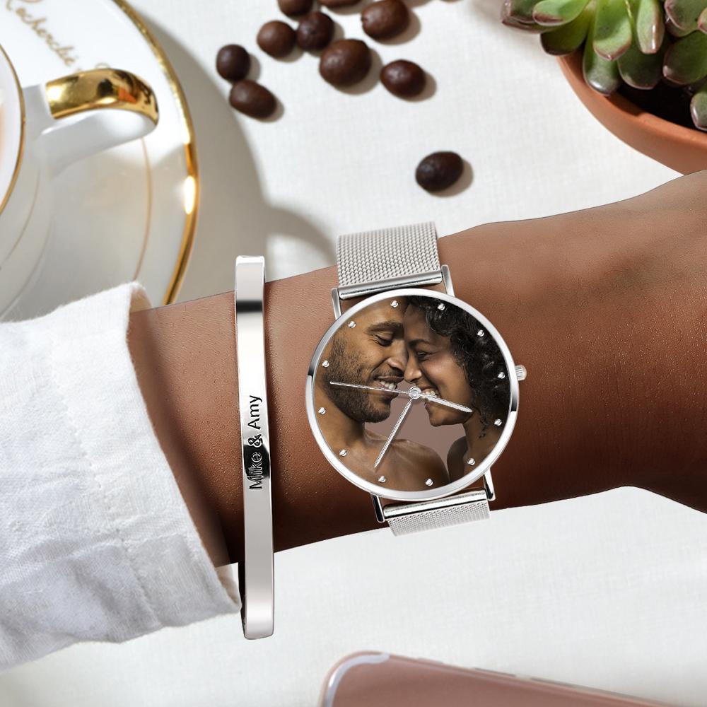 Women's Engraved Rose Gold Alloy Bracelet Photo Watch 36mm