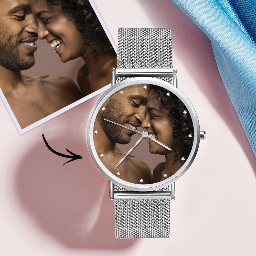 Engraved Women's Black Alloy Bracelet Photo Watch 36mm