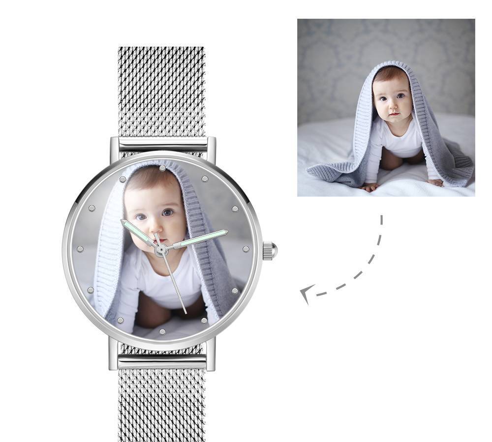 Engraved Photo Watch with Luminous Pointer Alloy Bracelet Photo Watch 36mm - Women's