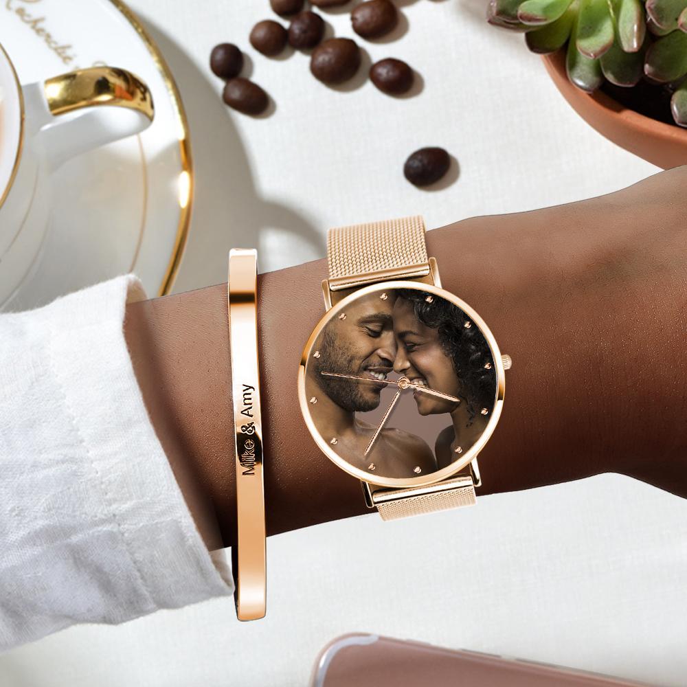 Women's Engraved Alloy Bracelet Valentine's Day Gift for Her Custom Photo Watch 36mm