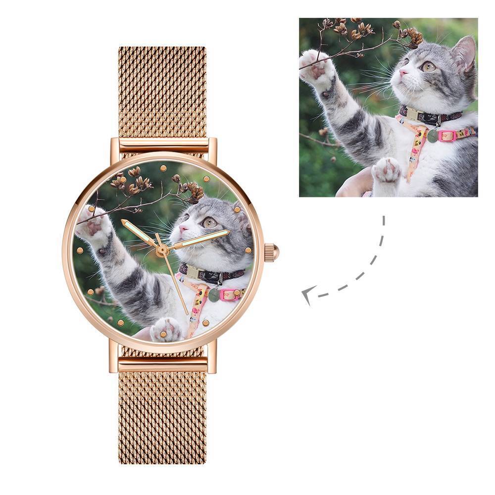 Engraved Photo Watch with Luminous Pointer Rose Gold Alloy Bracelet Photo Watch 36mm - Women's