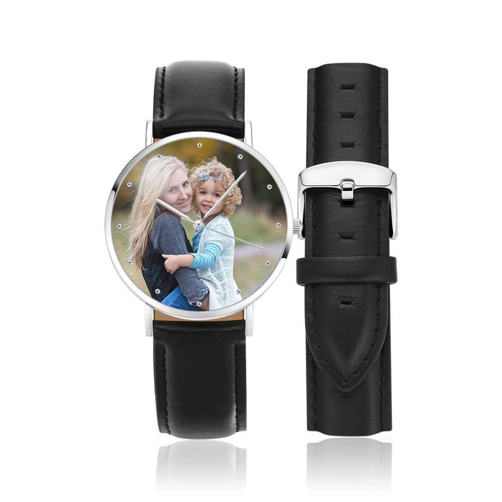 Unisex Engraved Photo Watch Black Leather Strap 40mm