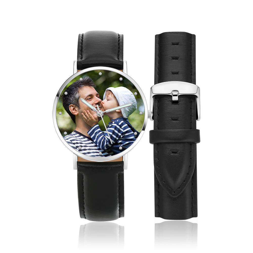 Engraved Photo Watch with Luminous Pointer Black Leather Strap 40mm - Unisex