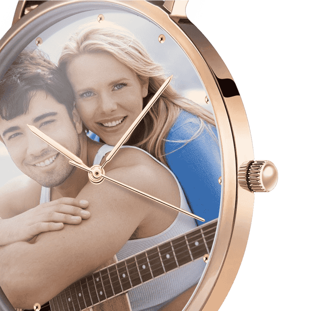 Unisex Engraved Rose Goldtone Photo Watch Black Leather Strap 40mm