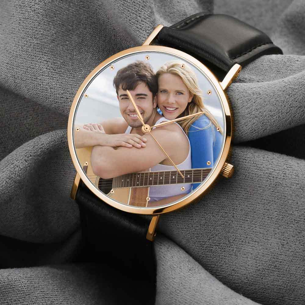 Unisex Engraved Rose Goldtone Photo Watch Black Leather Strap 40mm