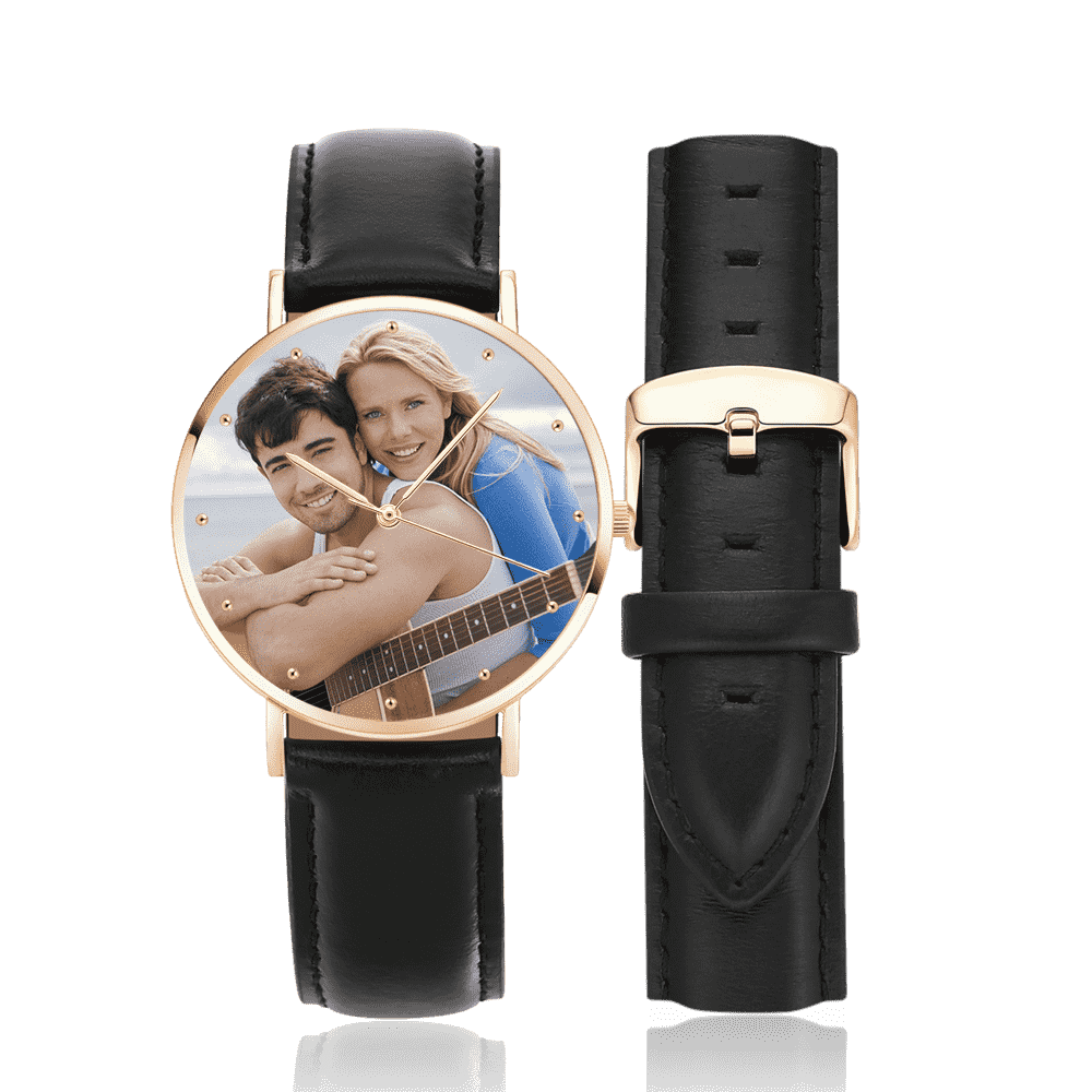 Unisex Engraved Rose Goldtone Photo Watch Black Leather Strap 40mm