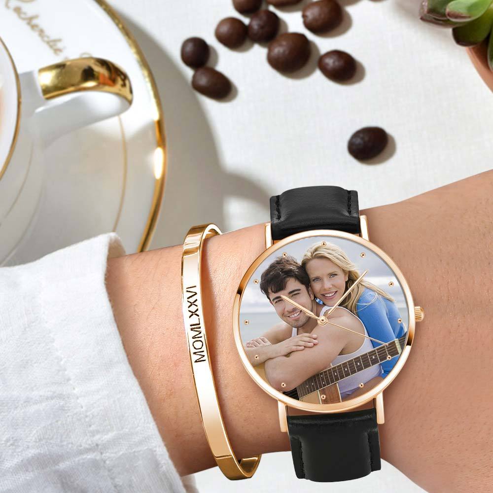 Unisex Engraved Rose Goldtone Photo Watch Black Leather Strap 40mm