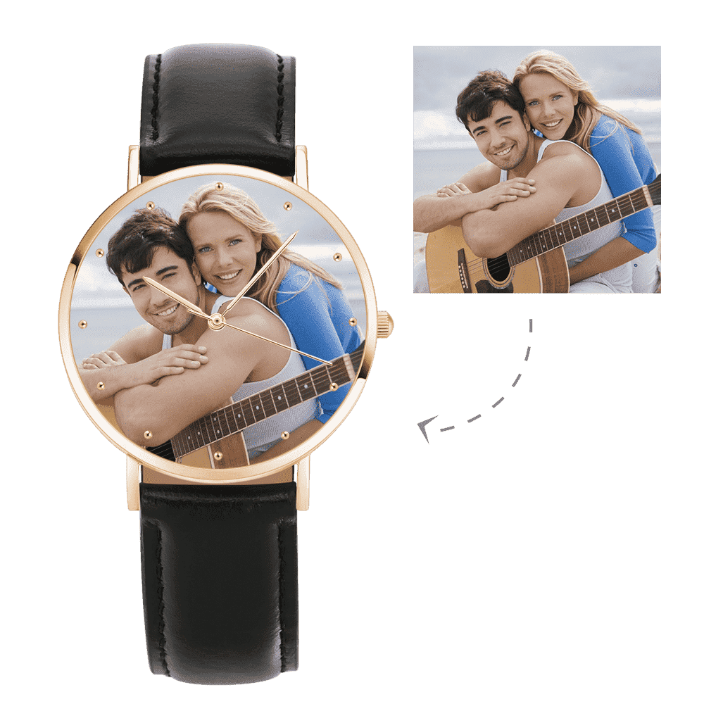 Unisex Engraved Rose Goldtone Photo Watch Black Leather Strap 40mm