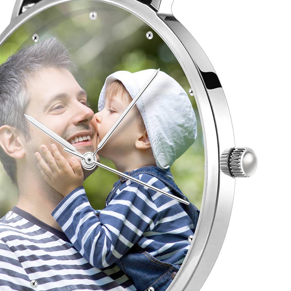 Personalised Engraved Watch, Photo Watch with Black Leather Strap 40mm, Father's Day Gift-Christmas Gifts