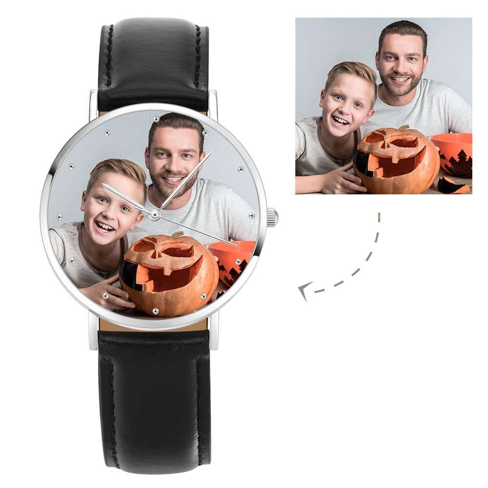 Personalised Engraved Watch, Photo Watch with Black Leather Strap 40mm, Father's Day Gift-Christmas Gifts