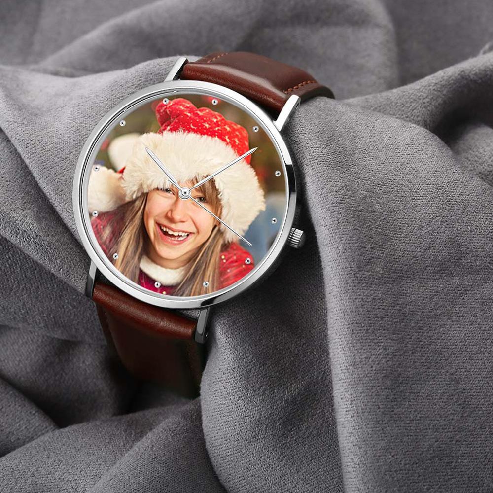 Unisex Engraved Photo Watch Black Leather Strap 40mm Memorial Gift For Her