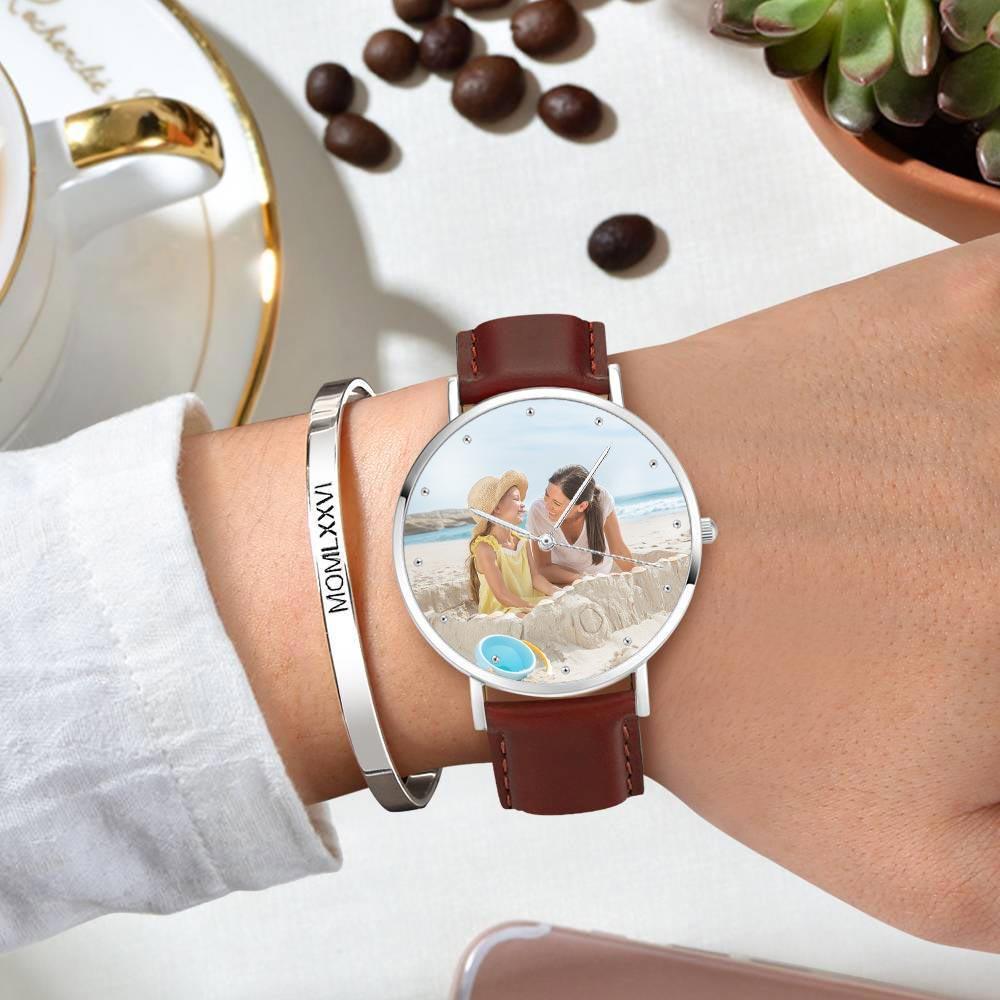 Unisex Engraved Photo Watch Brown Leather Strap 40mm