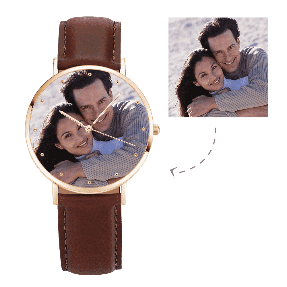 Unisex Engraved Rose Goldtone Photo Watch Brown Leather Strap 40mm