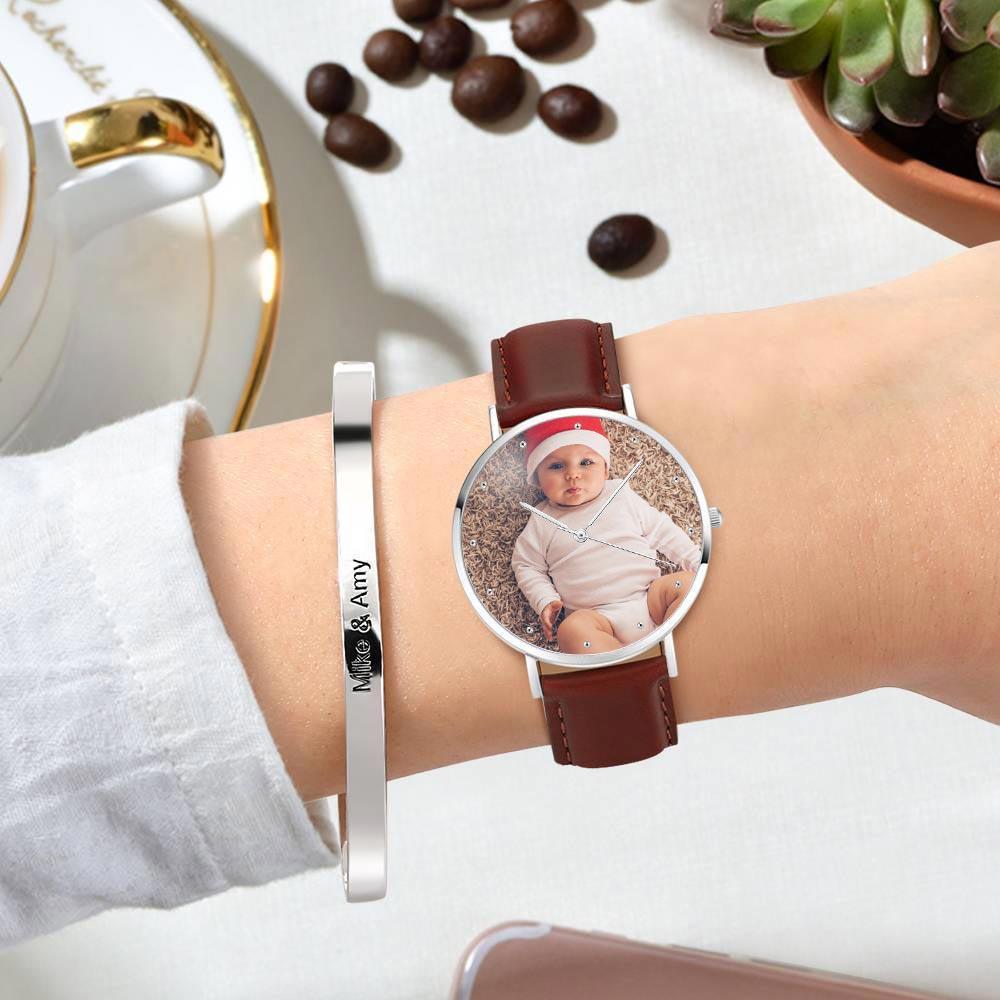 Women's Engraved Photo Watch Brown Leather Strap 36mm