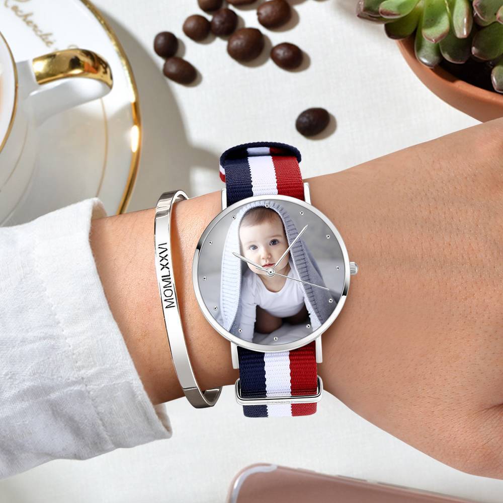 Unisex Engraved Photo Watch Color Nylon Strap 40mm
