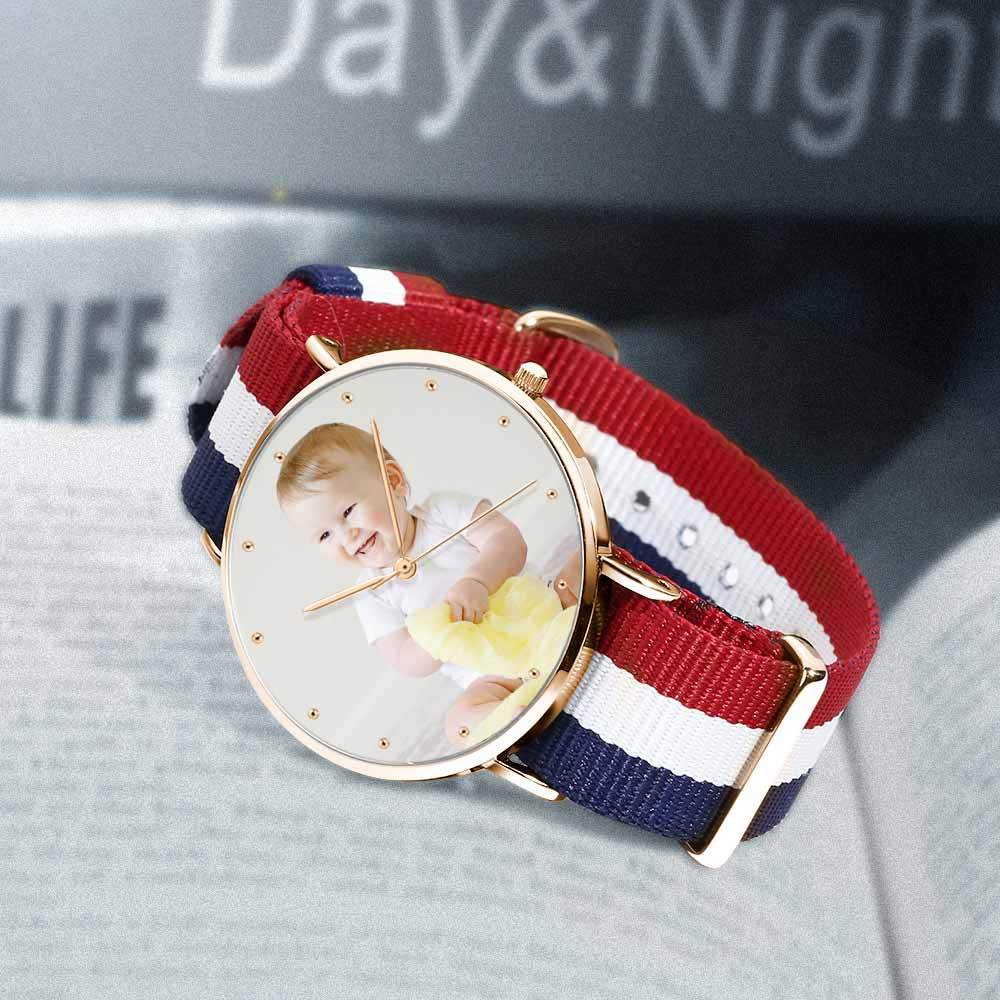 Women's Engraved Rose Goldtone Photo Watch Color Nylon Strap 36mm