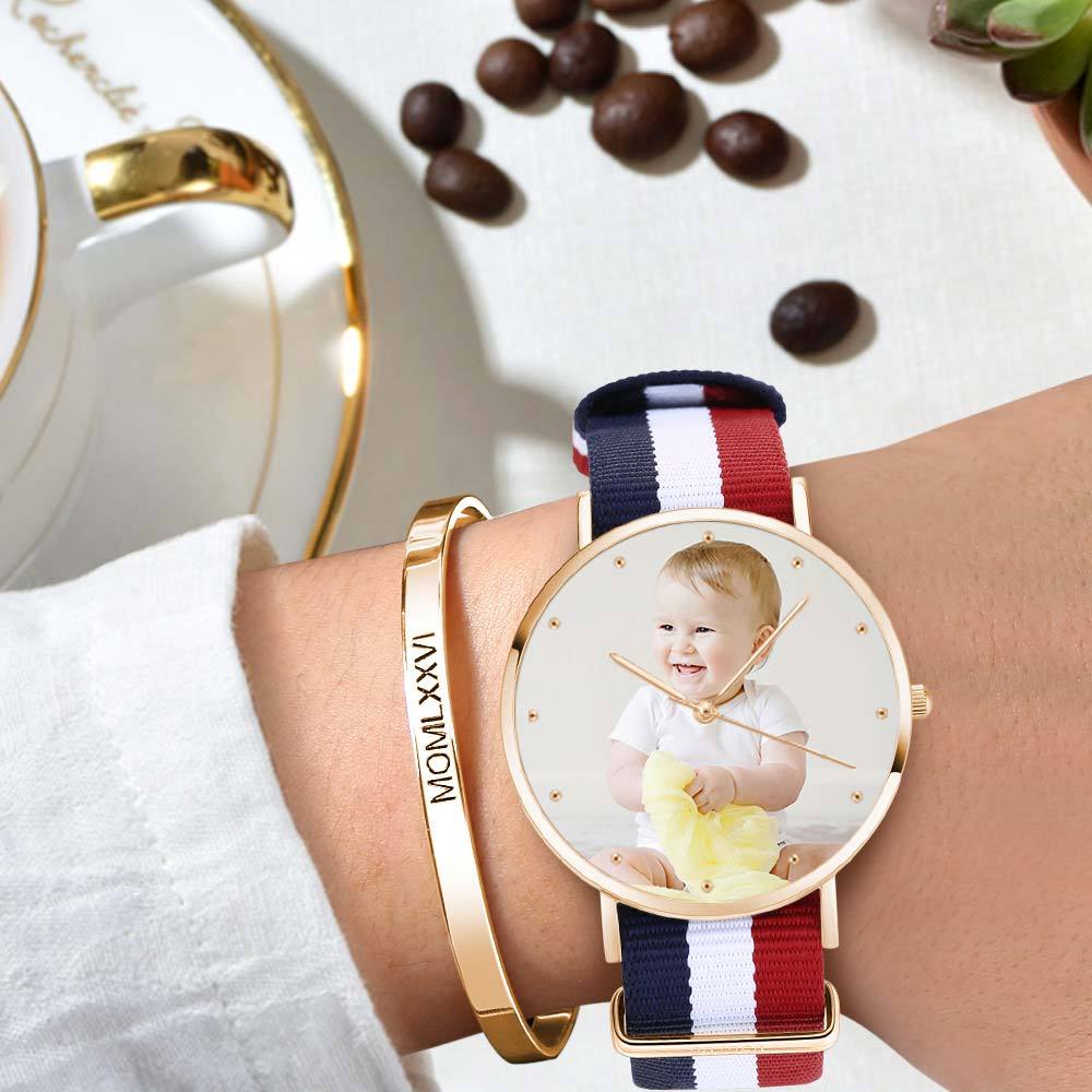 Women's Engraved Rose Goldtone Photo Watch Color Nylon Strap 36mm