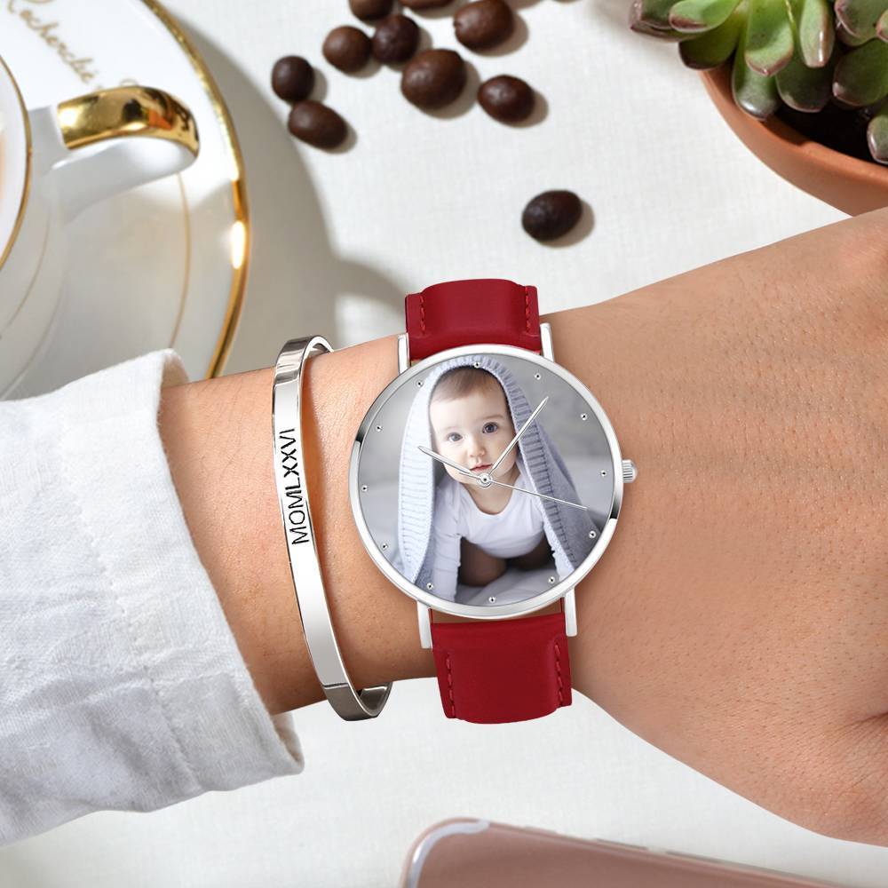 Women's Engraved Photo Watch Red Leather Strap 40mm