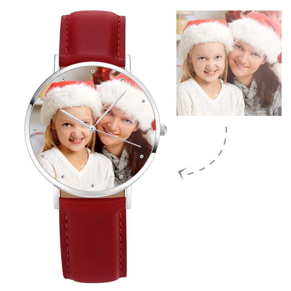 Unisex Engraved Photo Watch Black Leather Strap 40mm Memorial Gift For Her