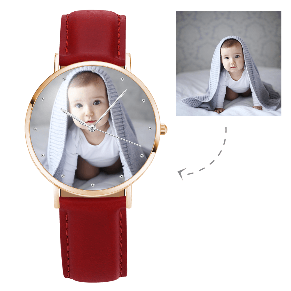 Women's Engraved Rose Goldtone Photo Watch Red Leather Strap 40mm