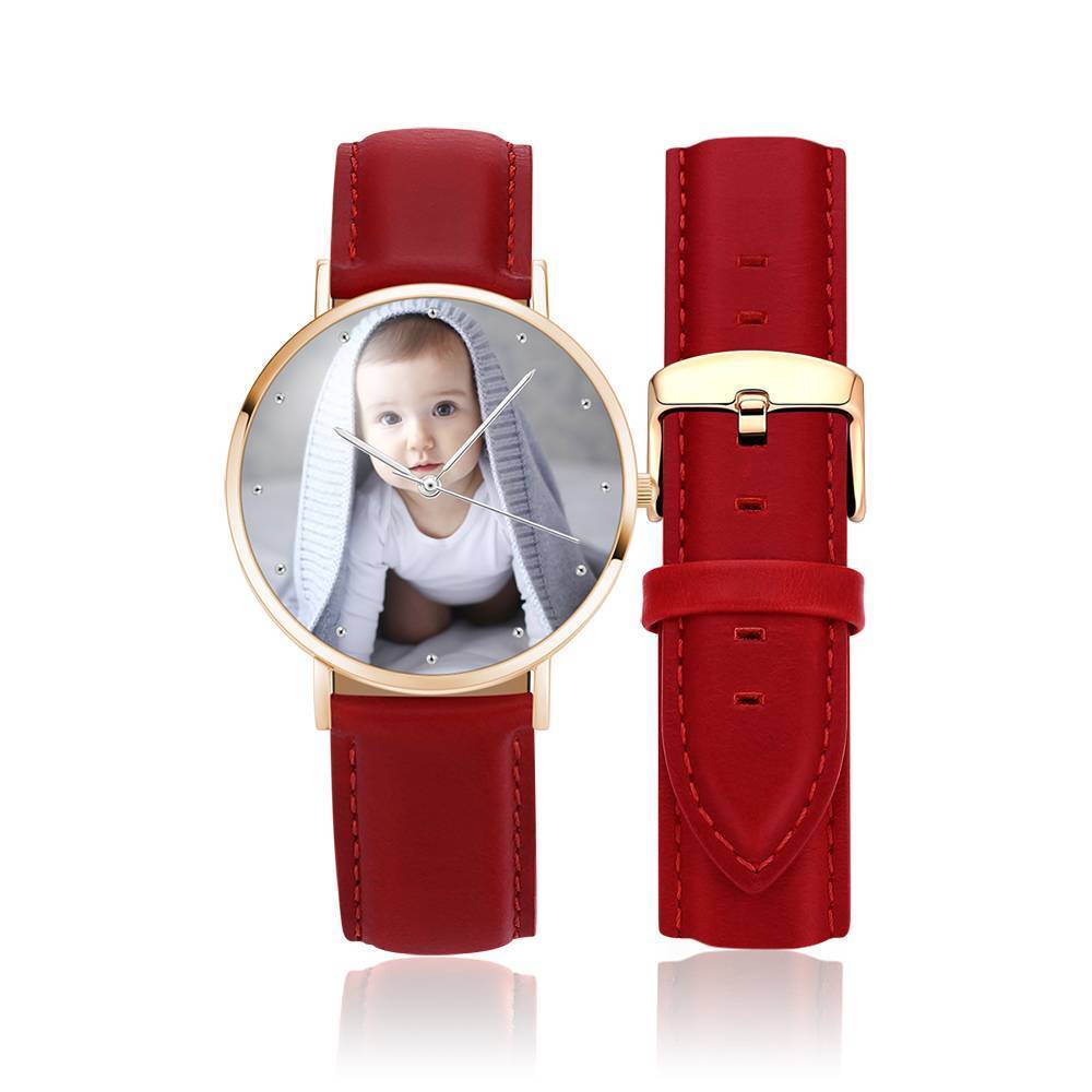 Women's Engraved Rose Goldtone Photo Watch Red Leather Strap 40mm