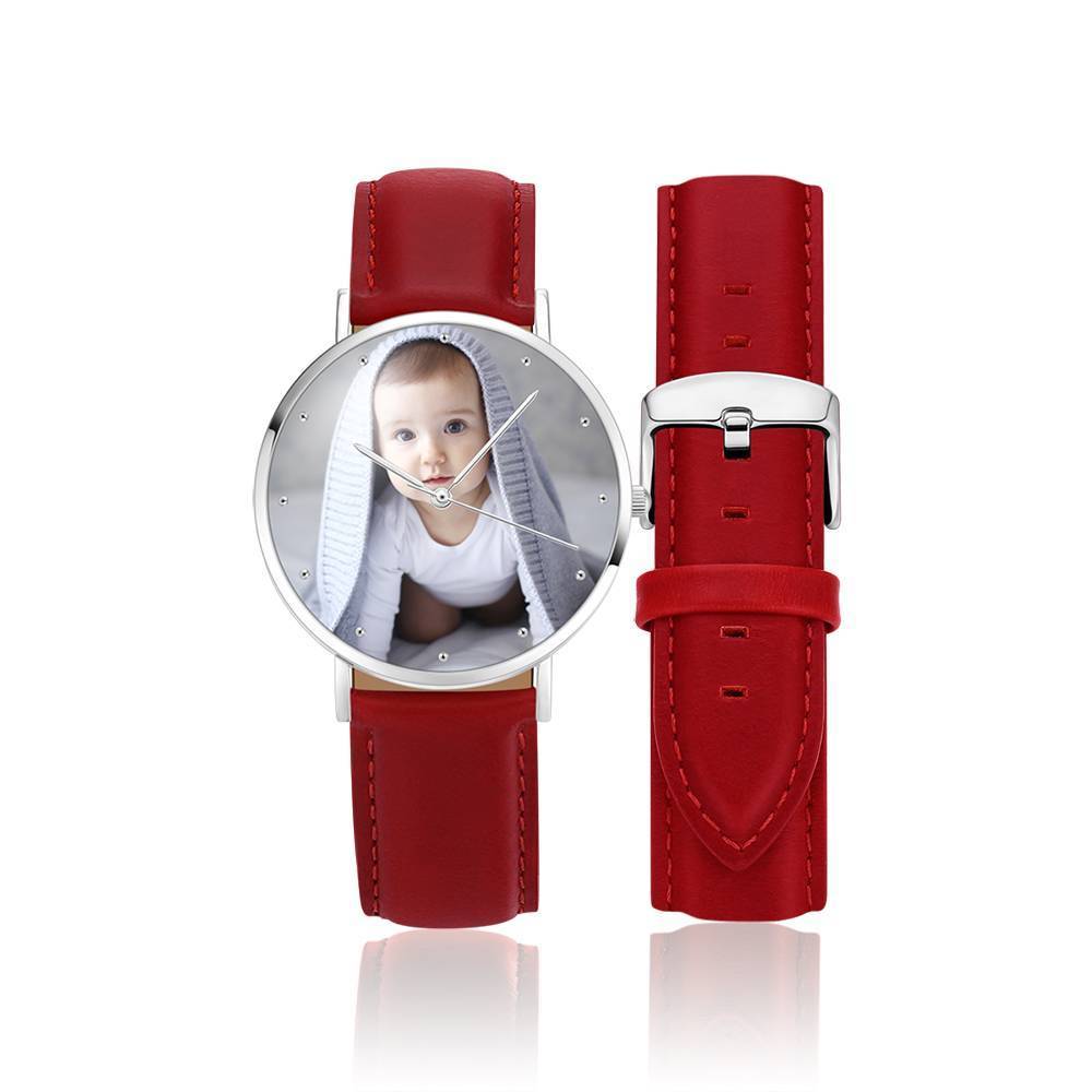 Women's Engraved Photo Watch Red Leather Strap 36mm