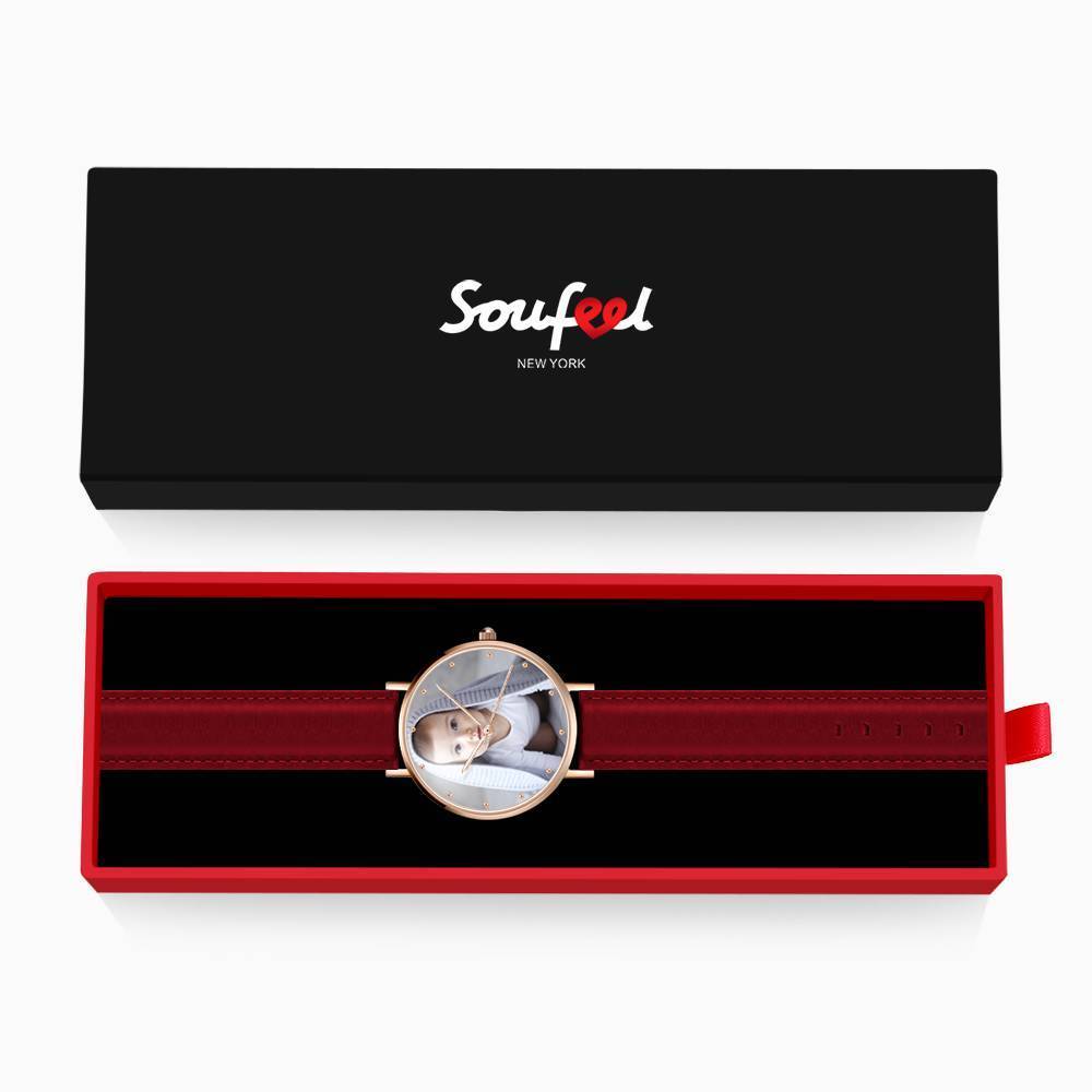 Women's Engraved Rose Goldtone Photo Watch Red Leather Strap 40mm