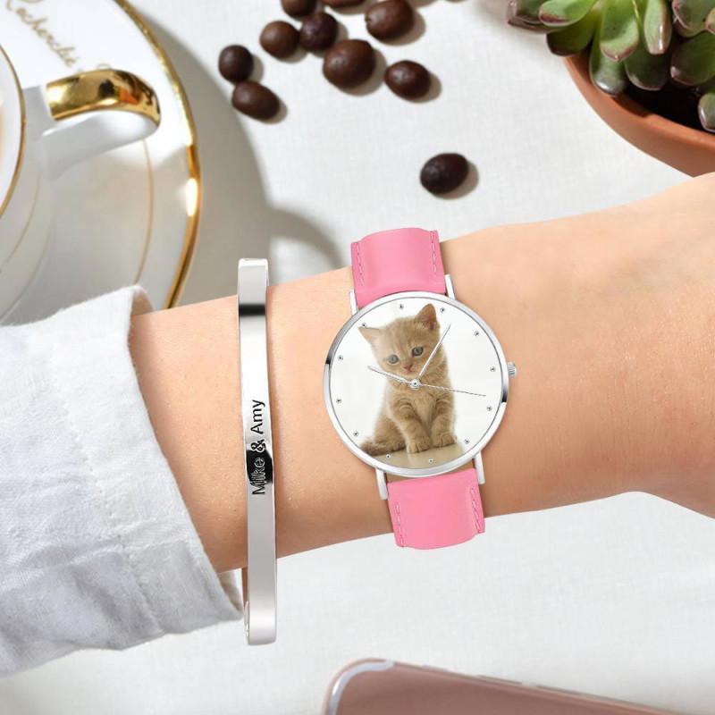 Women's Engraved Photo Watch Pink Leather Strap 36mm