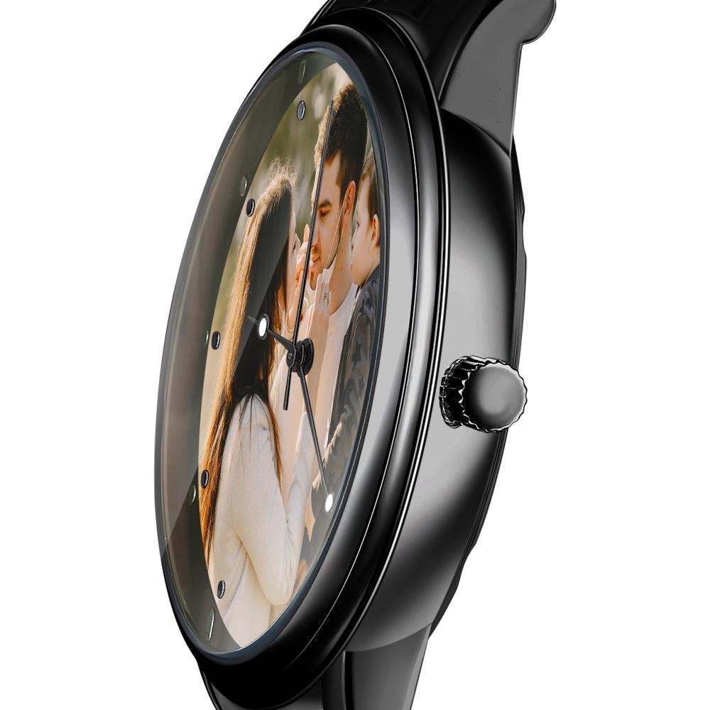 Mens Engraved Photo Watch Black Alloy Strap