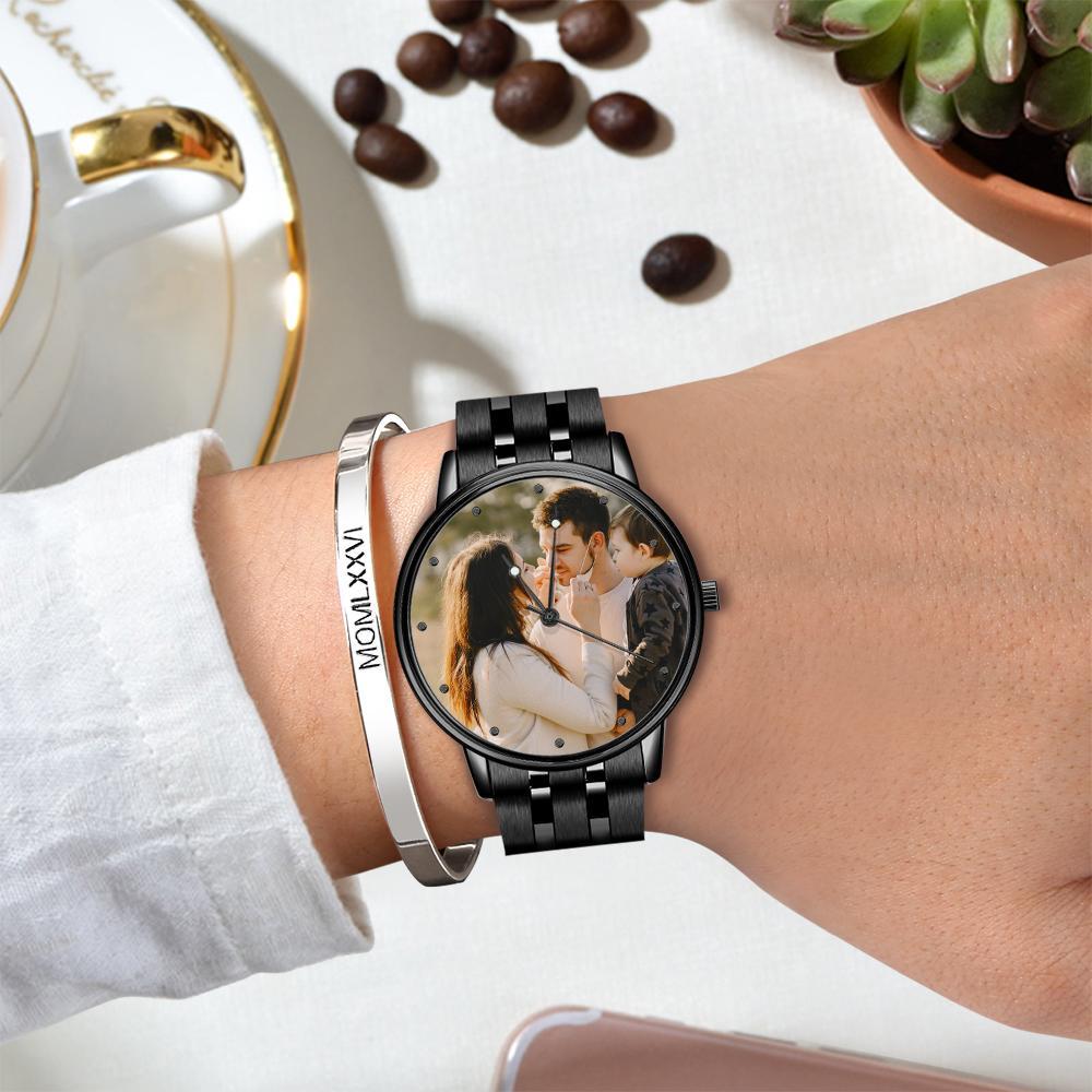 Mens Engraved Photo Watch Black Alloy Strap